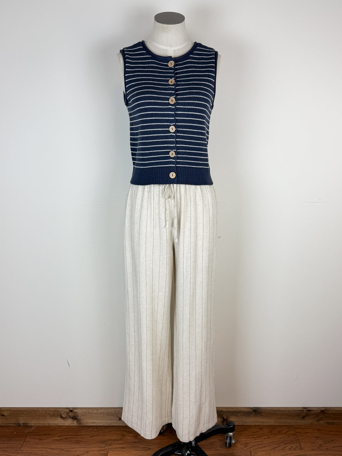 Maya Pinstripe Wide Leg Linen Pant in Oatmeal