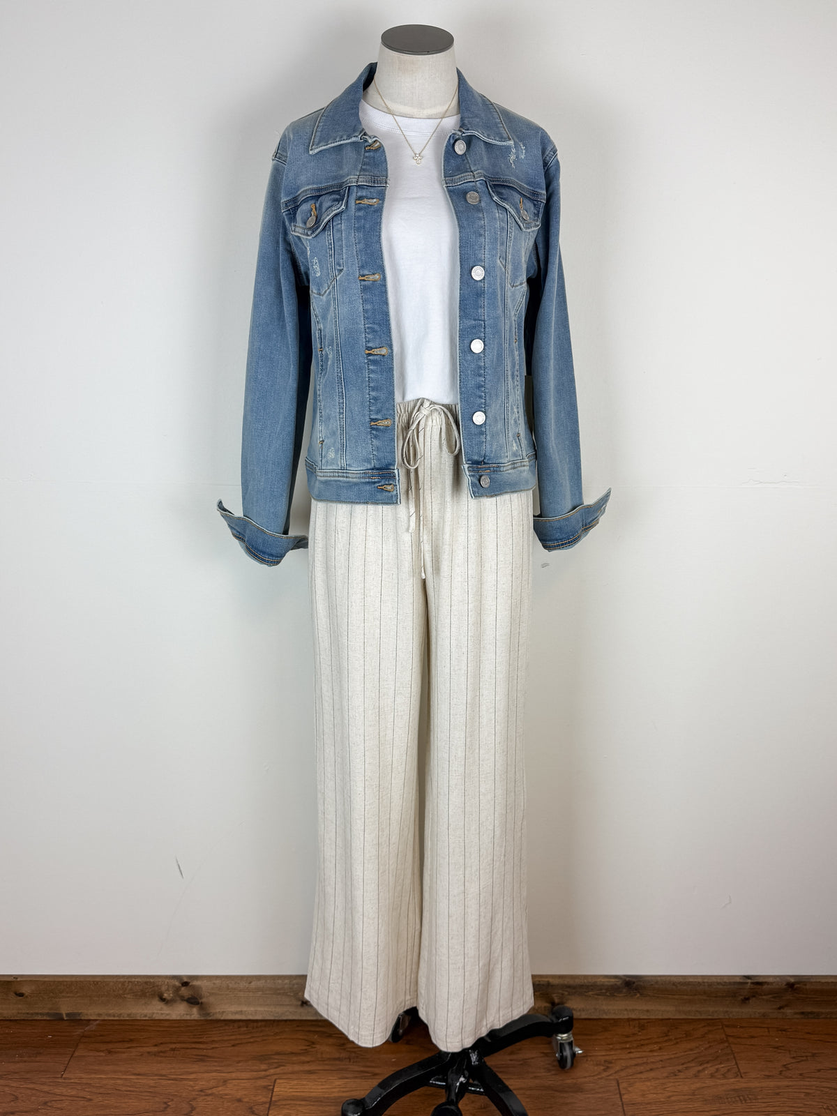 Maya Pinstripe Wide Leg Linen Pant in Oatmeal
