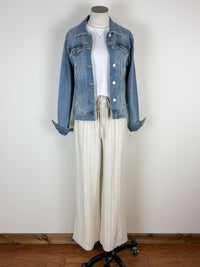 Maya Pinstripe Wide Leg Linen Pant in Oatmeal