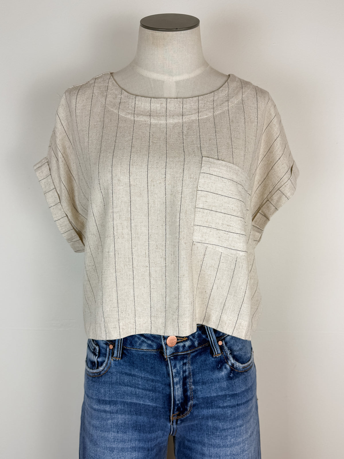 Maya Pinstripe Back Button Top in Oatmeal