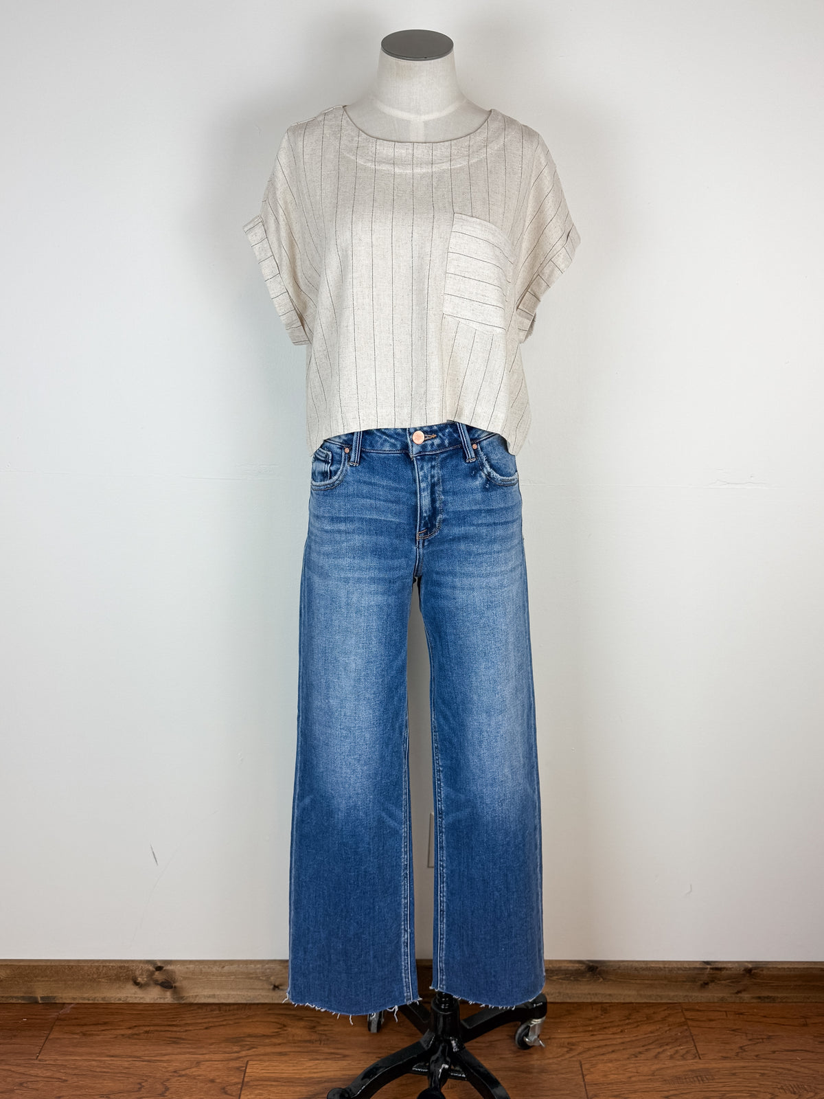 Maya Pinstripe Back Button Top in Oatmeal