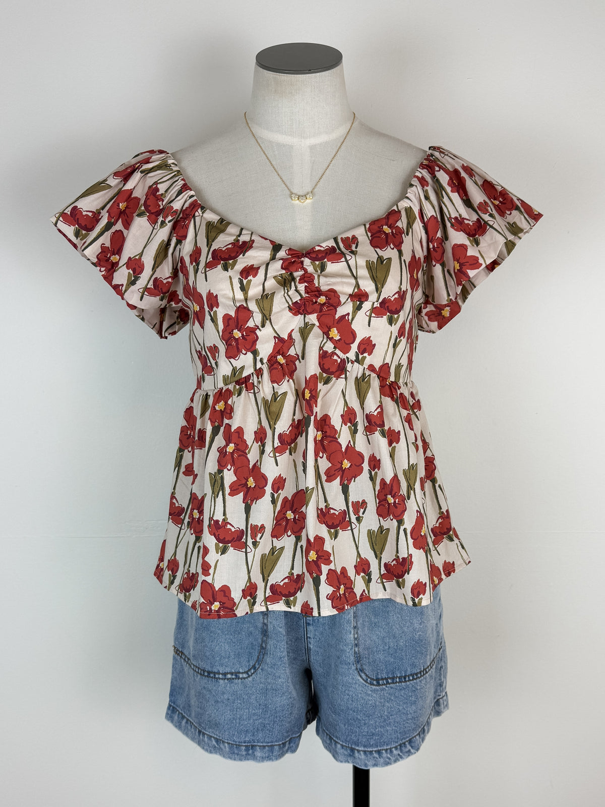 Morgan Ruffle Sleeve Floral Top in Natural/Poppy