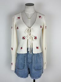 Kim Floral Embroidered Front Tie Cardigan in Cream
