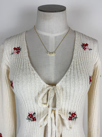 Kim Floral Embroidered Front Tie Cardigan in Cream