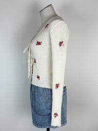 Kim Floral Embroidered Front Tie Cardigan in Cream