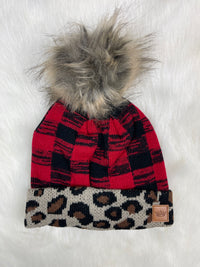 Leopard Trim Puffball Hat