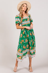 Mina Printed Smocked Short Sleeve Midi Dress