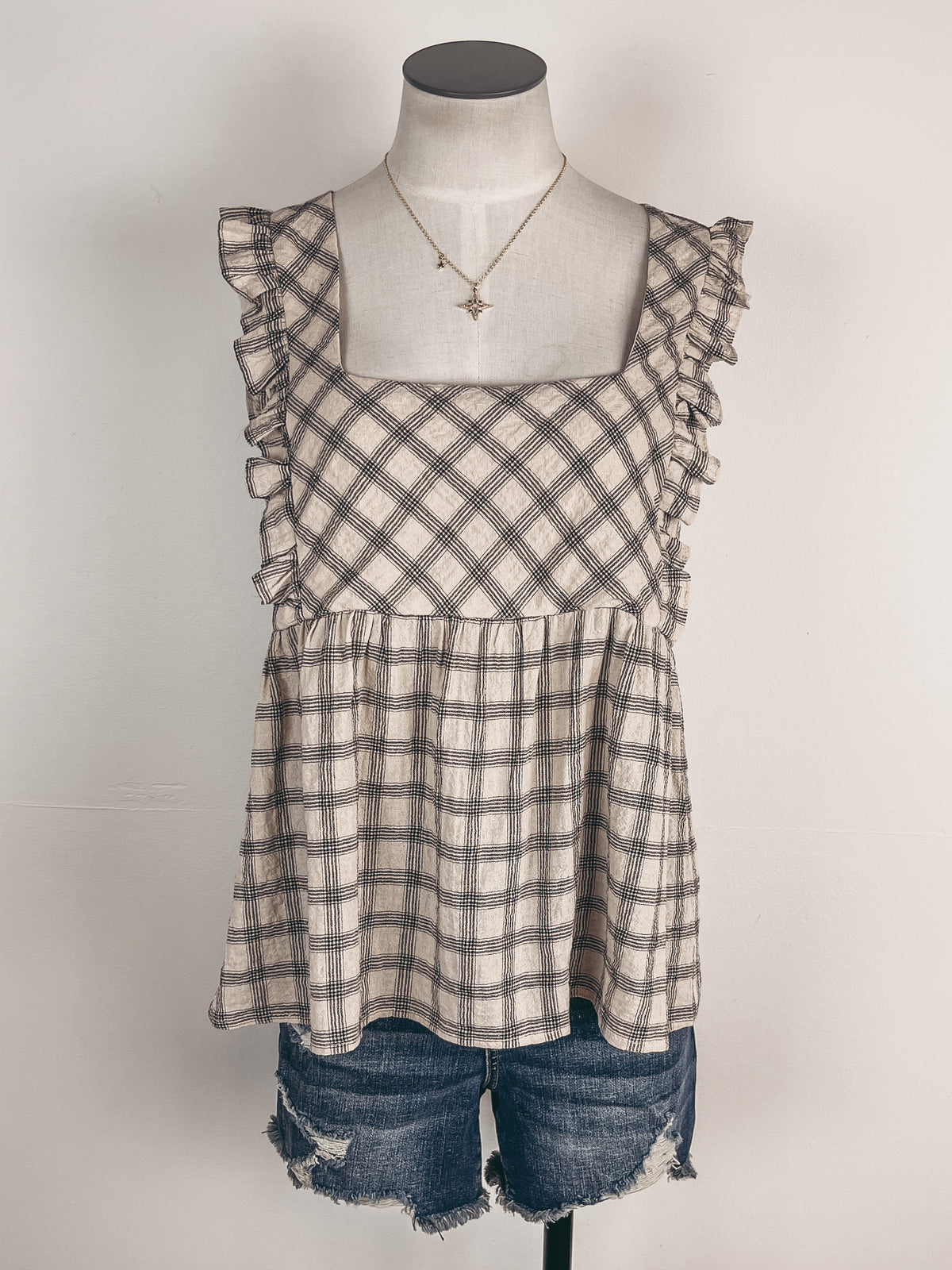 Checkered Frilly Top in Taupe/Brown