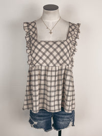 Checkered Frilly Top in Taupe/Brown