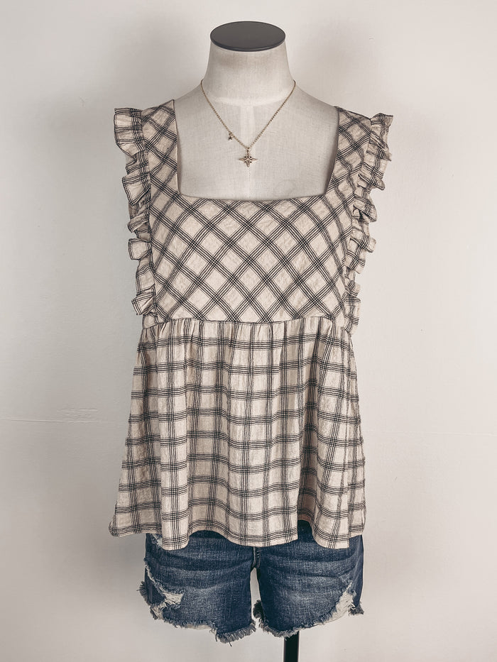 Checkered Frilly Top in Taupe/Brown