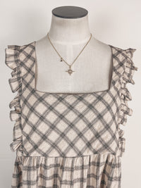 Checkered Frilly Top in Taupe/Brown
