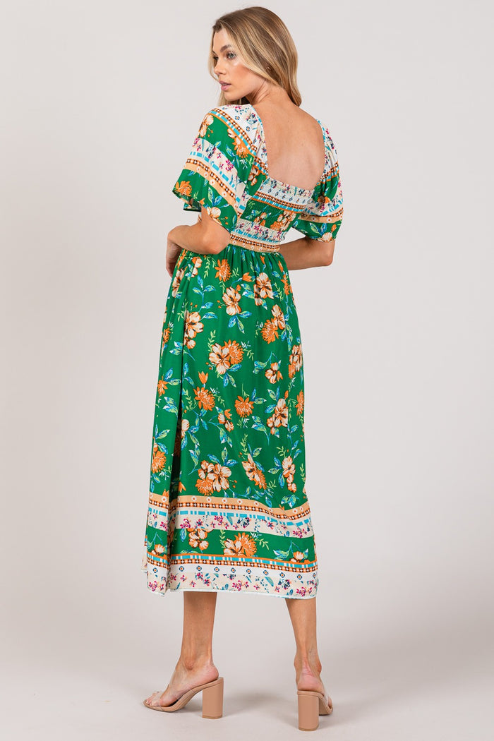 Mina Printed Smocked Short Sleeve Midi Dress