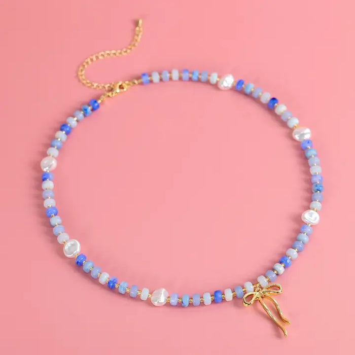 Bead Pearl Bow Necklace in Blue