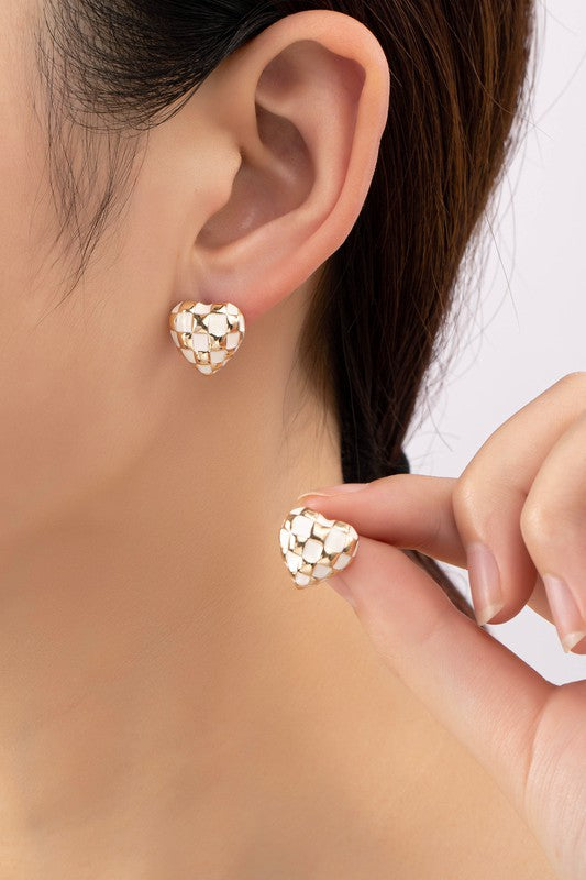 Checkered Puffy Heart Studs in Gold/White
