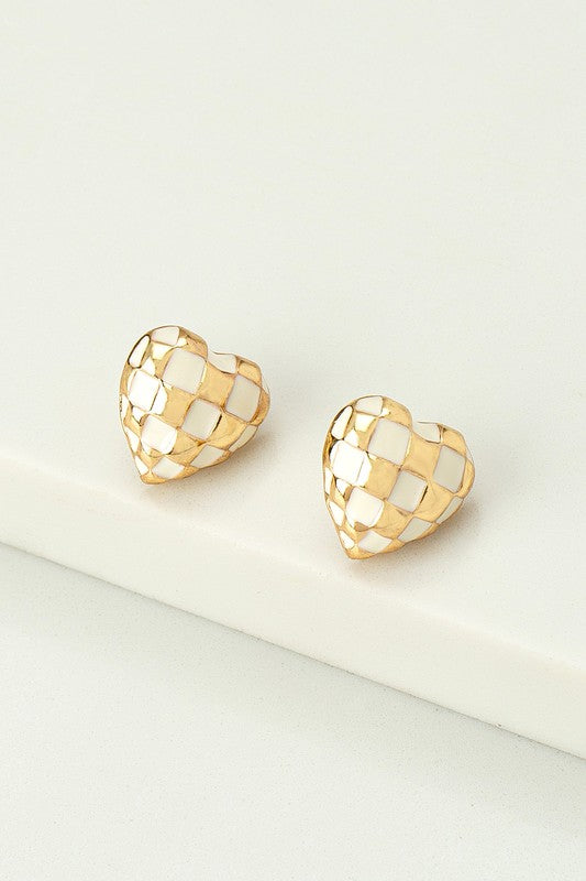 Checkered Puffy Heart Studs in Gold/White