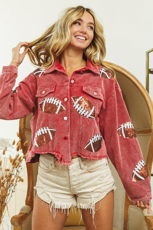 Sequin Football Jacket in Red