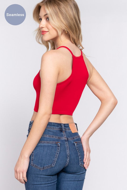 Cropped Halter Tank in Red