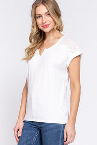 Eyelet Yoke Ribbed Top in White