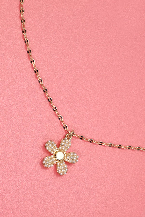 Hazel Pearl Flower Charm Necklace in Gold