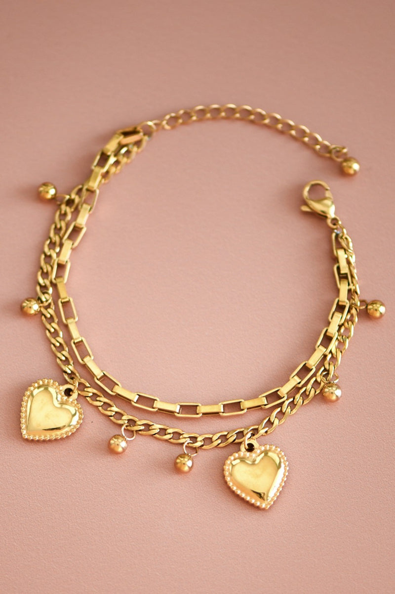 Double Layer Heart Charm Bracelet in Gold