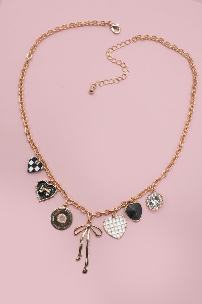 Bow and Heart Charm Necklace in Gold