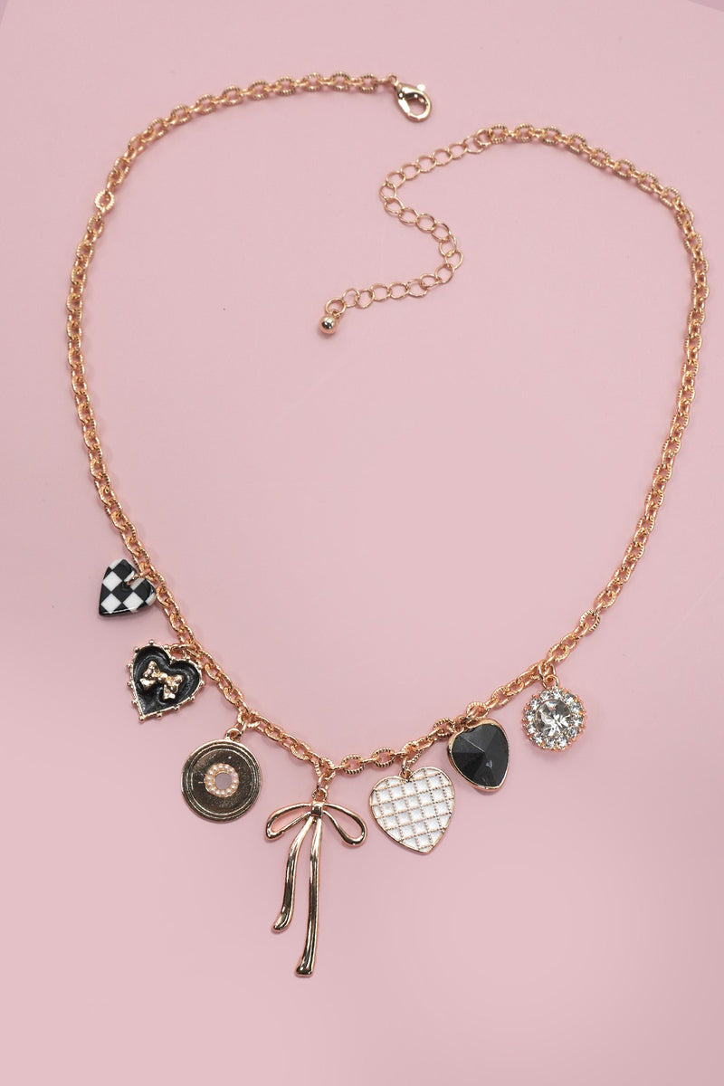 Bow and Heart Charm Necklace in Gold
