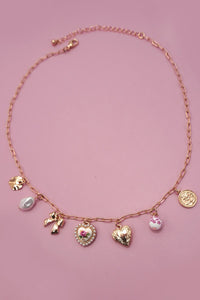 Bow and Heart Charm Necklace in Gold