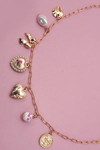 Bow and Heart Charm Necklace in Gold