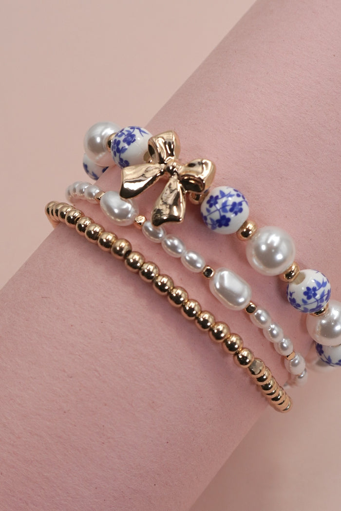 Bow and Pearl Multi Layer Bracelet Set