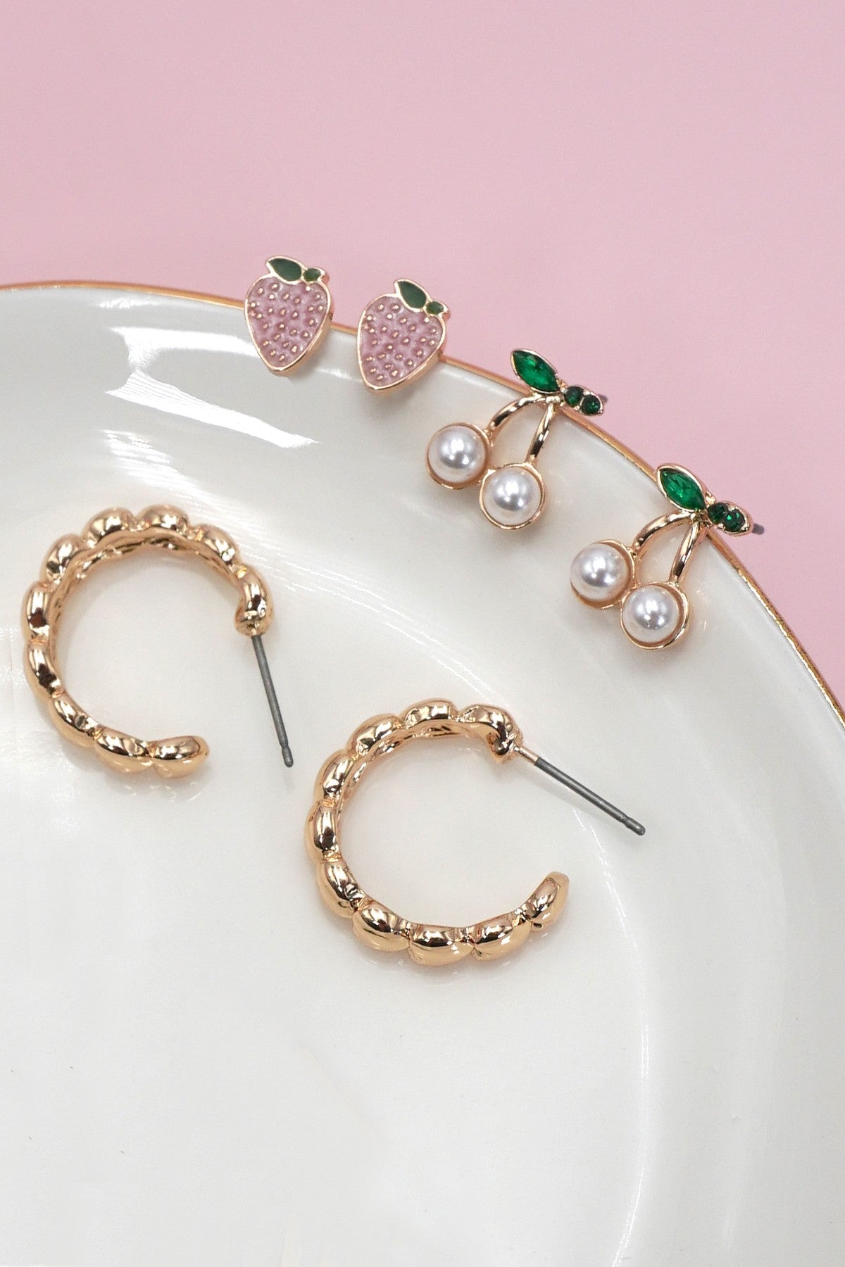Strawberry and Cherry Earring Set in Gold