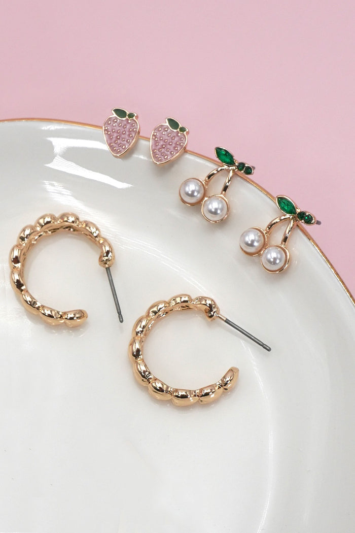 Strawberry and Cherry Earring Set in Gold