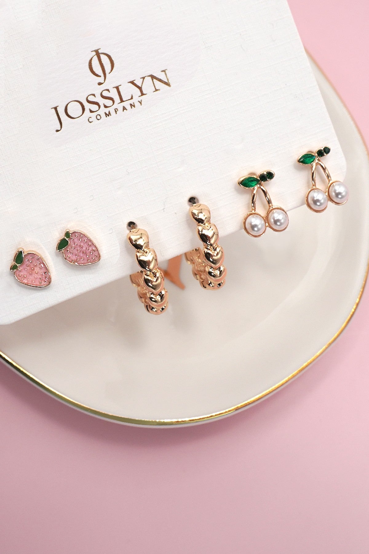 Strawberry and Cherry Earring Set in Gold