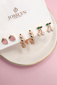 Strawberry and Cherry Earring Set in Gold