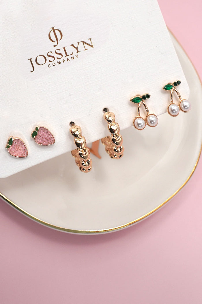Strawberry and Cherry Earring Set in Gold