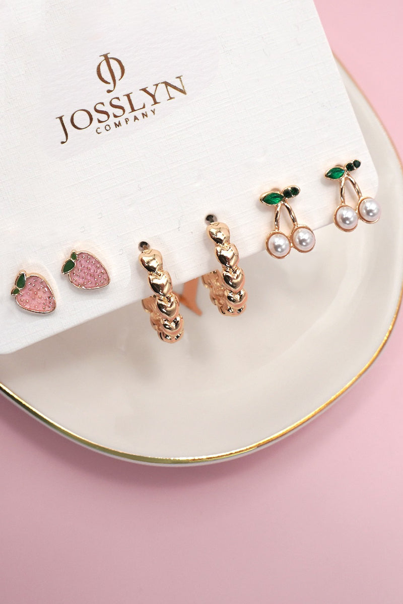 Strawberry and Cherry Earring Set in Gold