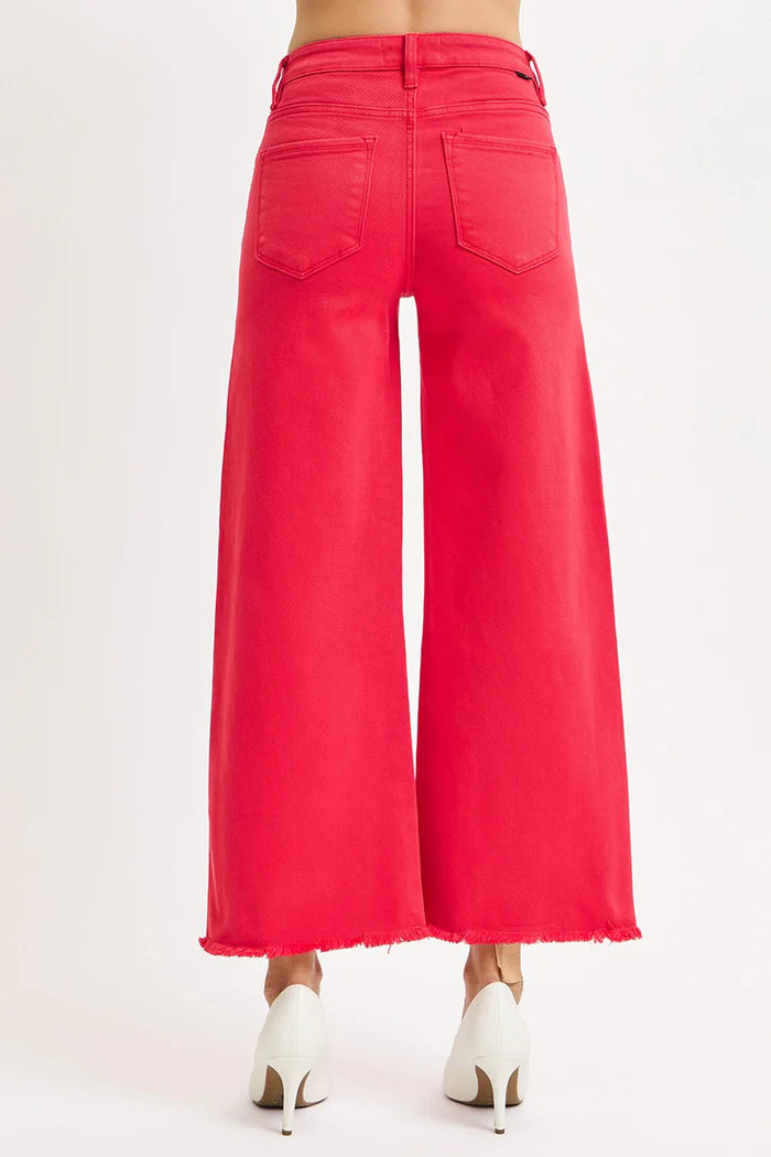 Risen Skylar Tummy Control High Rise Crop Wide Leg Jeans in Scarlet