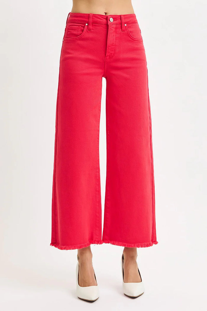 Risen Skylar Tummy Control High Rise Crop Wide Leg Jeans in Scarlet