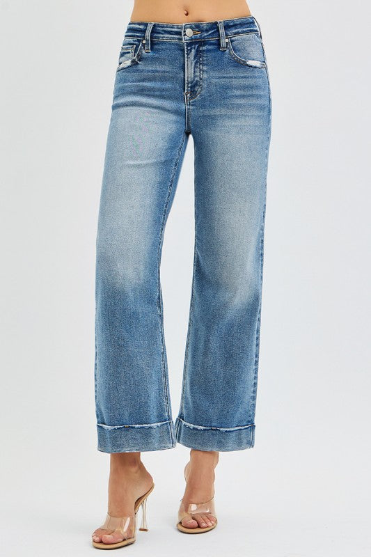 Risen Sam Mid Rise Cropped Cuffed Straight Leg Jeans