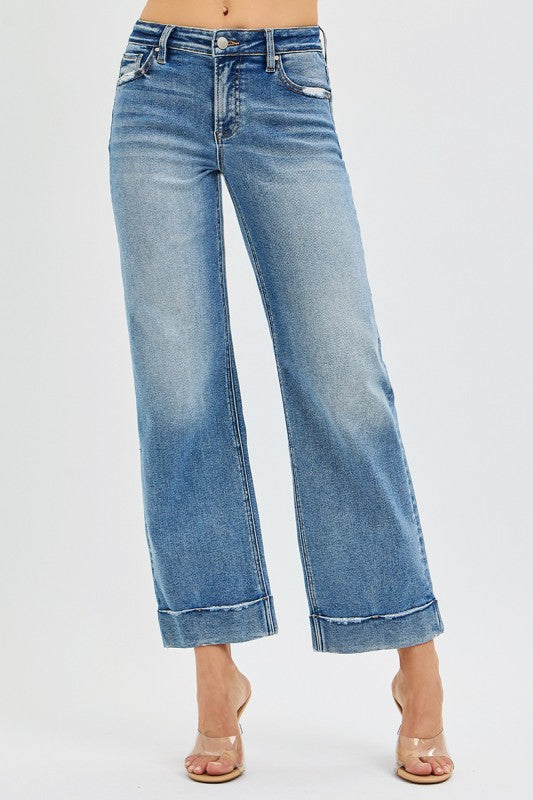 Risen Sam Mid Rise Cropped Cuffed Straight Leg Jeans