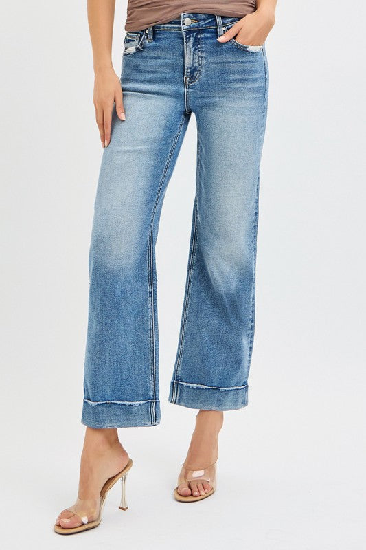 Risen Sam Mid Rise Cropped Cuffed Straight Leg Jeans