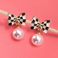 Checkered Bow Pearl Drop Earrings