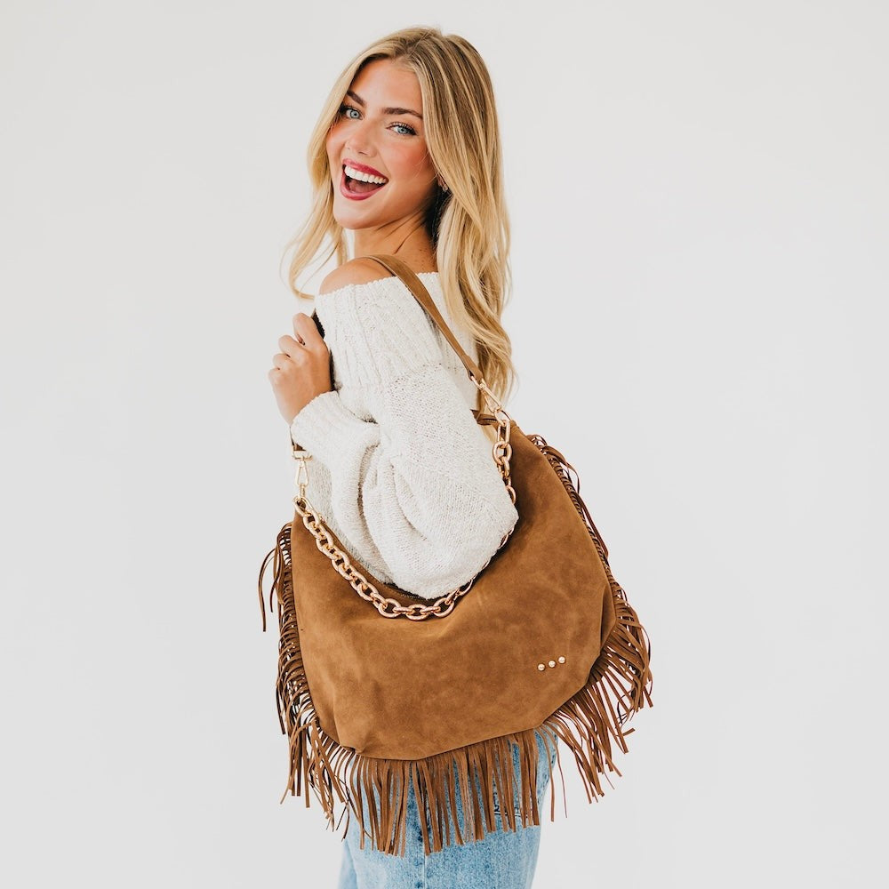 Pretty Simple Loretta Suede Fringe Slouchy Bag