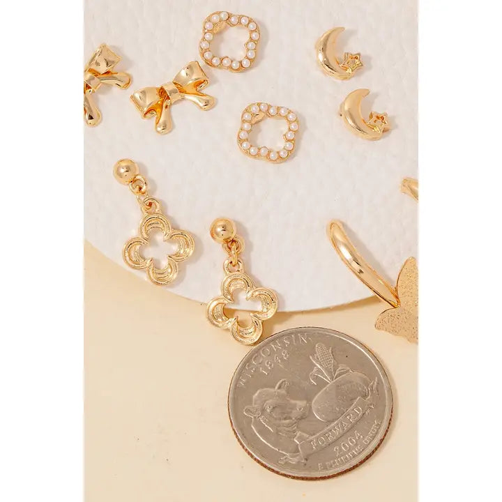 Mini Bow Clover and Pearl Stud Earrings Set in Gold