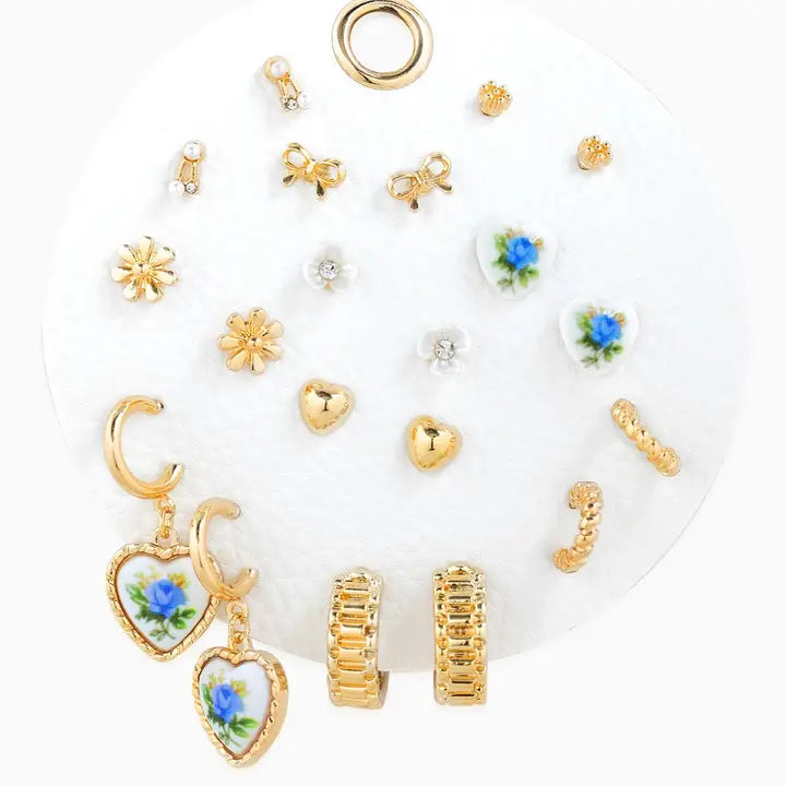Heart Mix Earrings Set in Gold/Blue