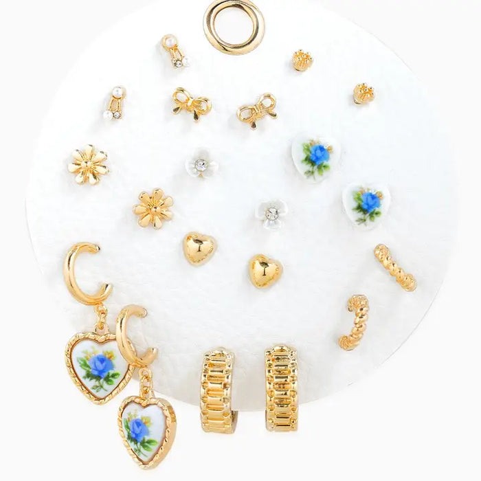 Heart Mix Earrings Set in Gold/Blue