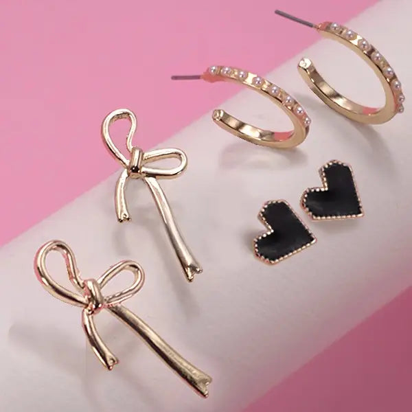 Bow, Heart, and Pearl Earring Set in Gold