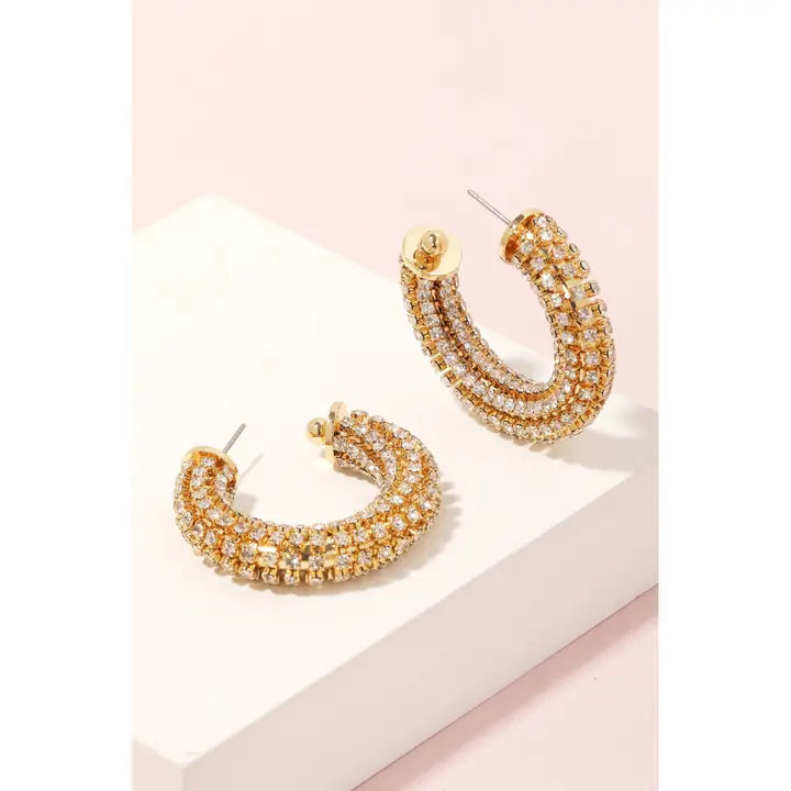 Rhinestone Studded Hoop Earrings in Gold