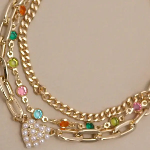 Pearl Heart Multi Layer Bracelet in Gold