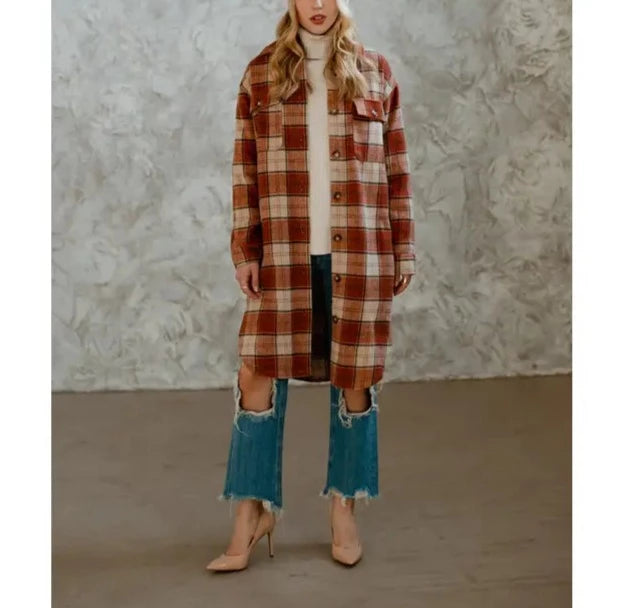 Frankie Long Plaid Button Up in Rust/Cream/Brown