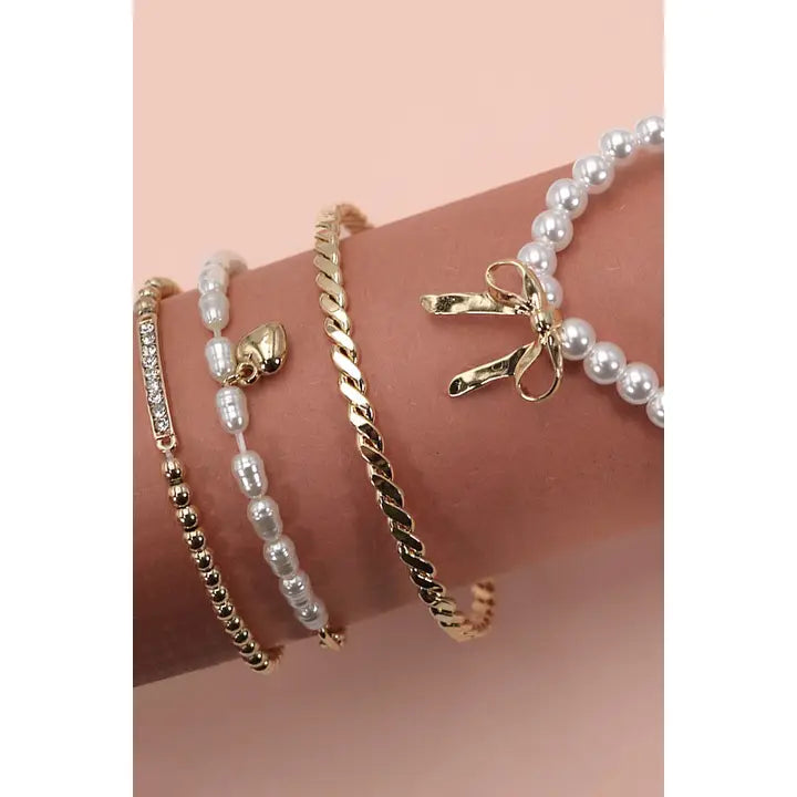 Bow Pearl and Rhinestone Stretch Bracelet Set